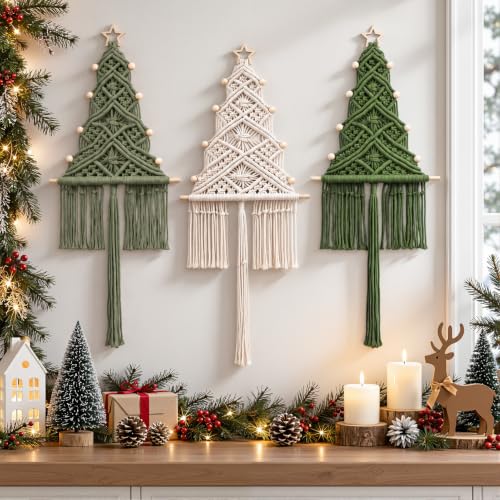 Taysta Macrame Christmas Tree Wall Hanging Decor 3 Pack Sage White Green