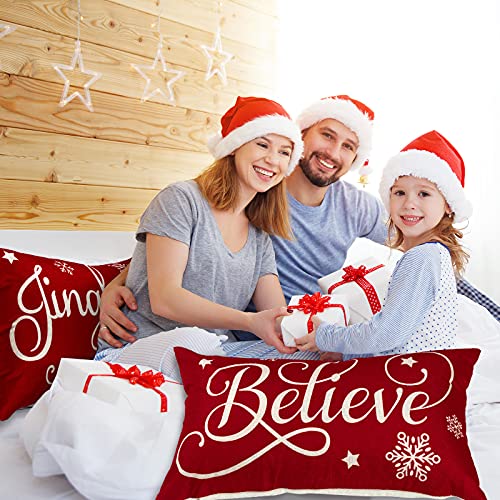 2 Pieces Christmas Pillow Covers 12 x 20 Inch Xmas Believe Throw Pillow Cases Red Cushion Cover Rectangle Xmas Linen Pillowcases for Home Bedroom Couch Sofa Christmas Decorations