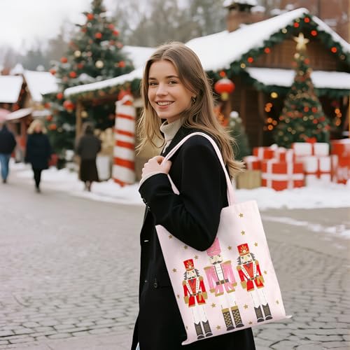 Loveinside Pink Nutcracker Christmas Canvas Tote Bag Reusable Holiday Shopping Bag