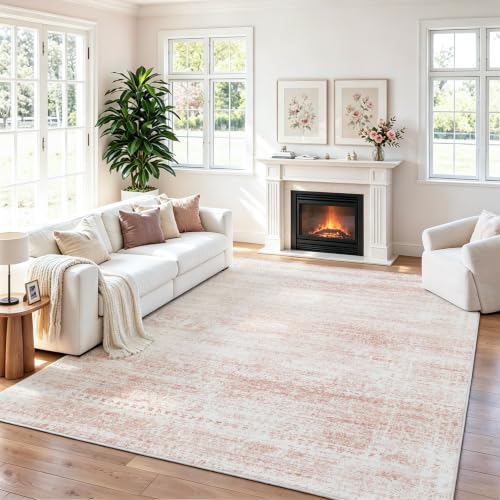 Srugn Pink White Washable 8x10 Area Rug for Living Room & Bedroom - Non-Slip, Cushioned, Machine Washable
