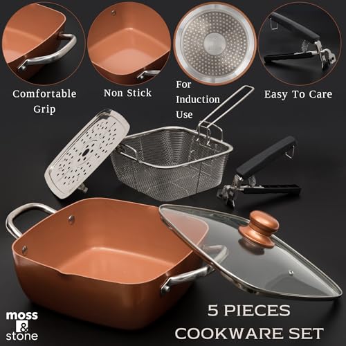 Moss & Stone Copper 5-Piece Deep Fry Pan Set with Fry Basket & Steamer, 5 Qt