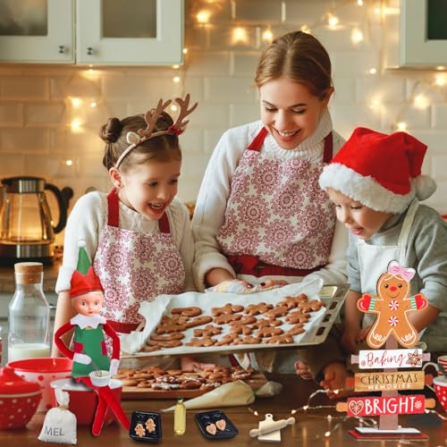 17 Pcs Gingerbread Baking Christmas Doll Accessories, Elf on the Shelf Accessories Included Baking Sheets, Spoon, Apron, Miniature Ginger Cookies,Elf Kitchen Outfits for Christmas Party Decorations