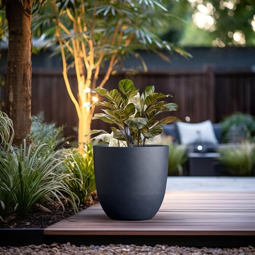 Large Charcoal Concrete Planter Bowl - 18 Inch Outdoor Garden Pot with Drainage, Variation of Charcoal / 18"d