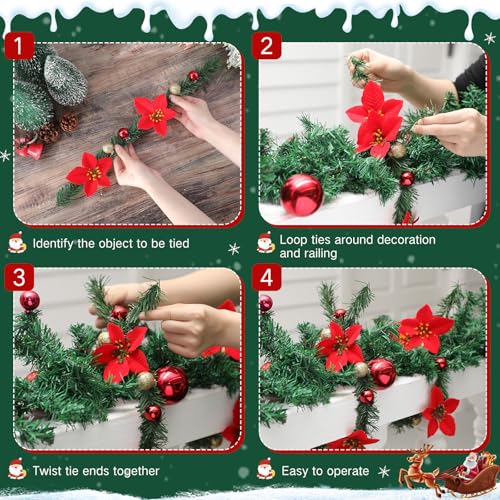 Zhengmy 30 Pcs Christmas Garland Ties with Poinsettia & Ornaments — Flexible Holiday Railing Decor, 20 Inch