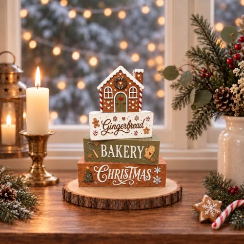 Gingerbread Tiered Tray Decor – Wooden Blocking Set for Festive Farmhouse Display