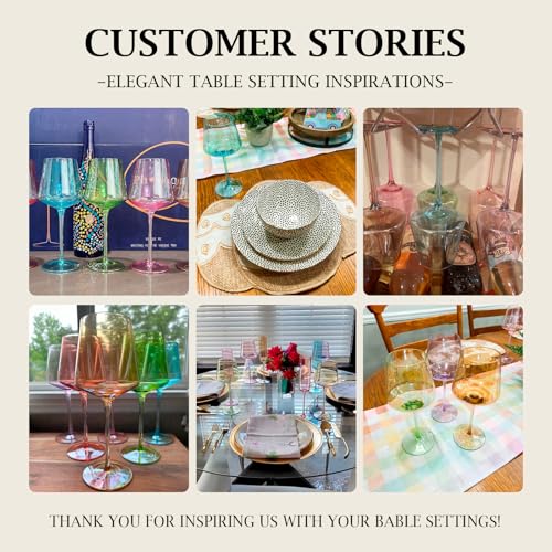 Physkoa Multicolor 16oz Hand Blown Crystal Wine Glasses Set of 6 with Long Stems