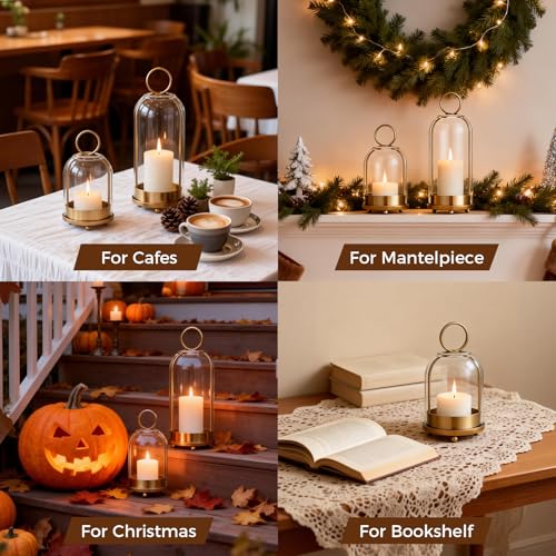 Havmorph Gold 5&4 Hurricane Glass Candle Holders, Hanging Brass Set