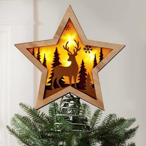 Christmas Star Tree Topper, Rustic Reindeer Wooden Toppers with Warm