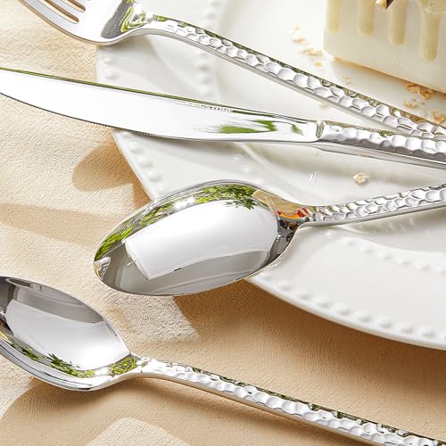 Silver Hammered Flatware Set for 12 - 60 Pieces Stainless Steel Cutlery
