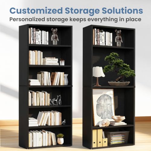 DUMOS Modern Black 6-Tier Tall Bookcase - 63 Inch Open Shelving for Living Room & Office