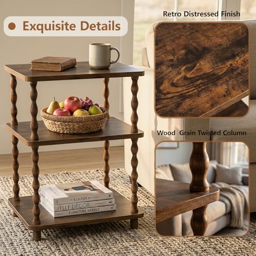 Brown Narrow 3-Tier Side Table with Storage - Rustic Oblong End Table