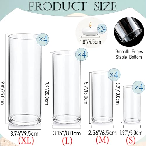PNJHDZ 16-Piece Glass Cylinder Vase Set for Centerpieces with 24 Floating Candles - 4 Sizes