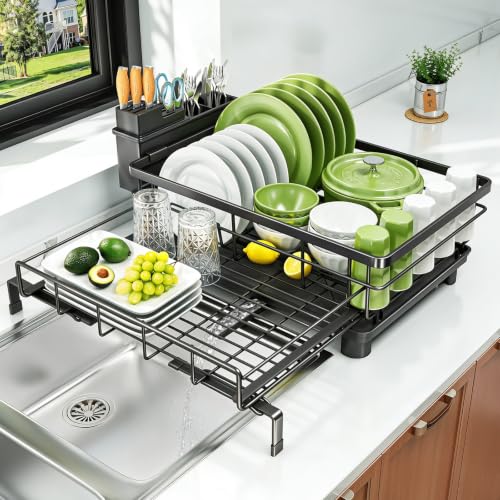 Extendable Dish Drying Rack - Large Capacity Kitchen Organizer, Black