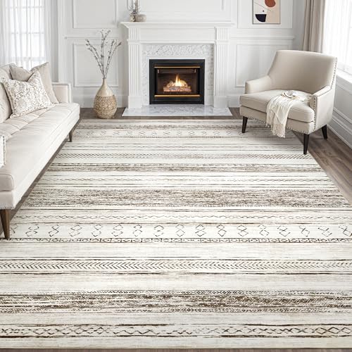 Tortania 9x12 Washable Boho Moroccan Area Rug - Soft Neutral Floor Carpet for Living Room & Bedroom