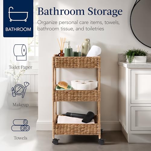 Chestnut Water Hyacinth 3-Tier Rolling Storage Cart with Wheels - Multipurpose Utility Caddy