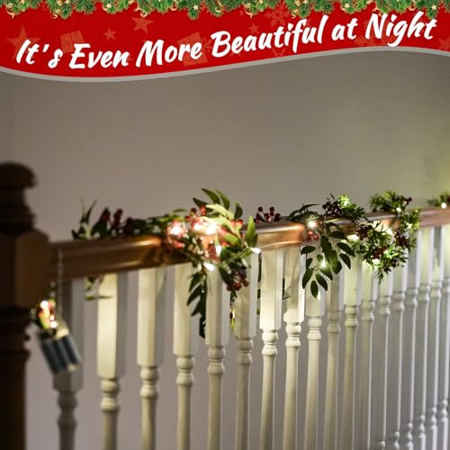 Willow Leaf 6ft Pre-lit Christmas Garland with Lights, 4 Pack with Red Berries & Pine Cones (Indoor/Outdoor) - tiuire