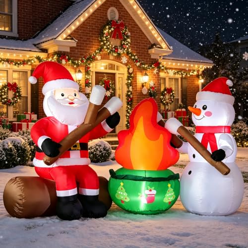 DomKom XMS CampFire 6FT Christmas Inflatable Yard Decor with Santa & Snowman, LED Light, Outdoor Lawn & Garden Xmas Party