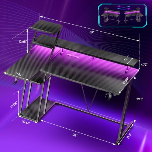 Korfile 40 Inch Gaming Desk with LED RGB Lighting & Power Outlets - Carbon Fiber Black