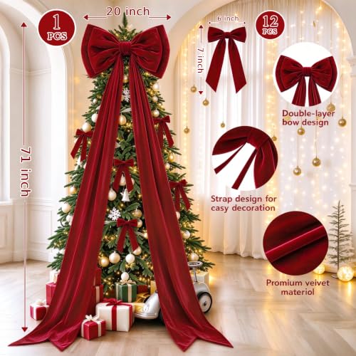 Memgift Burgundy Velvet Christmas Bow Set with 20"x71" Topper & 12 Small Bows - Holiday Tree Decorations