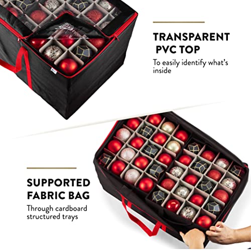 Premium 200-3" Ornaments Large Carrying Box with Clear LID, 10 Trays, Tear-Resistant 600D Oxford, Black