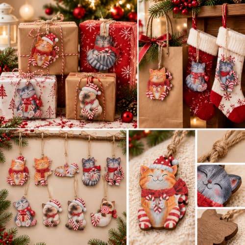 Conelist Cat Christmas Ornaments - 27 Pack Holiday Cat Decorations with Candy Cane, Santa Hat & Winter Designs
