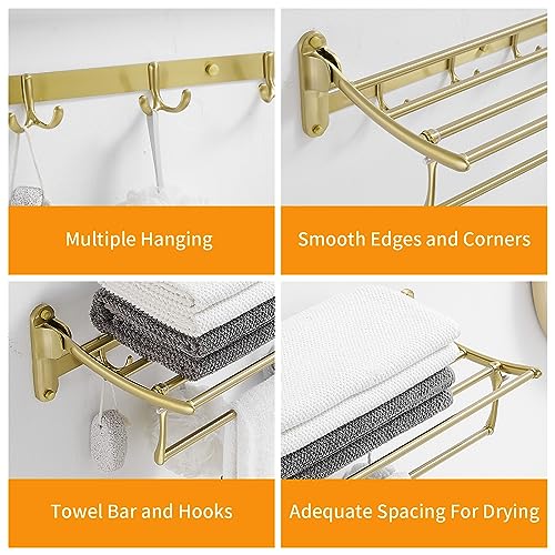 Wall Mounted Brushed Gold Towel Rack with Foldable Bar Hooks - Bathroom & Bedroom Use