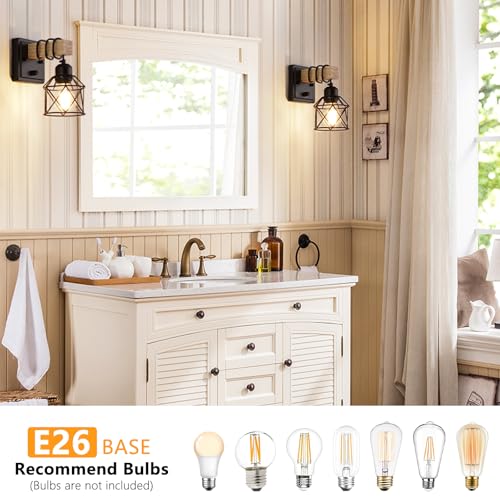 Dimmable Wall Sconces Set of Two with Rotary Switch, Black Farmhouse Bathroom & Bedroom Light Fixtures