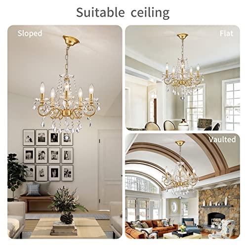 Mini Crystal Chandelier for Living Room & Bedroom - 16.5 Inch Height, Gold Finish, 5 E12 Bulbs, Adjustable Chain