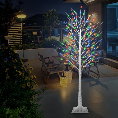 7FT Lighted Birch Tree with 170 LED Warm White and Multicolor Lights,