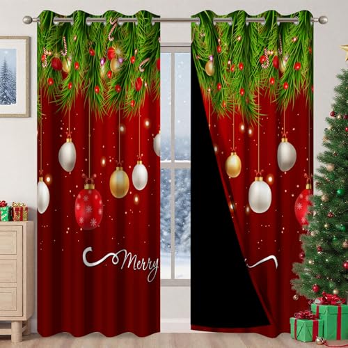 Christmas Blackout Curtains 53x63 in Red (2 Panels) - Living Room Window Drapes