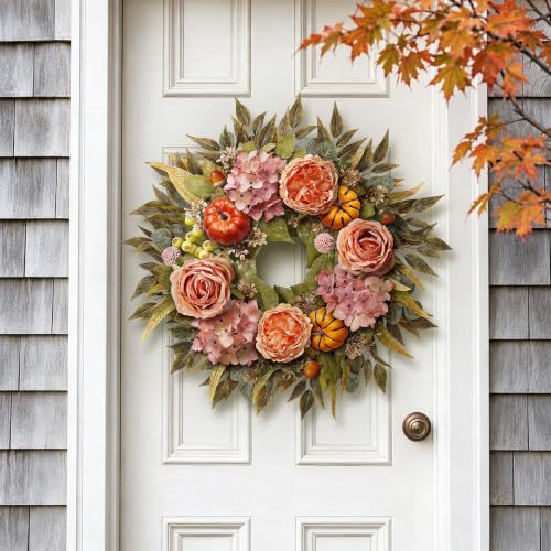 24 Inch Fall Artificial Hydrangea Pumpkin Wreath for Front Door Decor