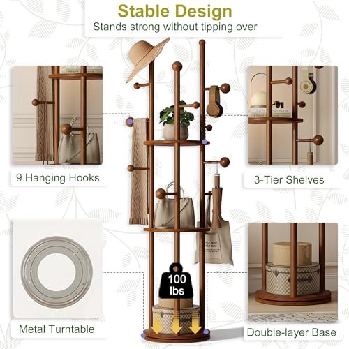 Freestanding Coat Rack with Walnut Finish and Rotating Base - Mid-Century Entryway Organizer