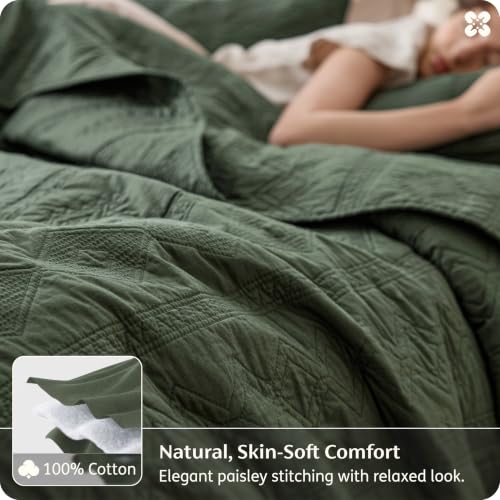 Cotton Quilt Set Queen - Olive Green, Tribal Geometry Pattern