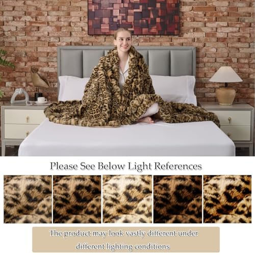 Faux Rabbit Fur Throw Blanket - Leopard Brown, 50x60 Inches, Super Thick & Cozy