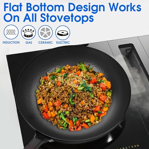 12.5 Inch Carbon Steel Wok with Wooden Lid - Pre-Seasoned for Electric, Induction & Gas Stoves