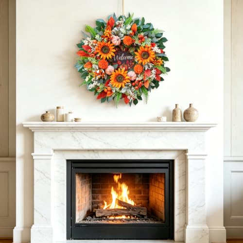 24In Fall Wreaths for Front Door, Welcome Sunflower Pumpkin Autumn