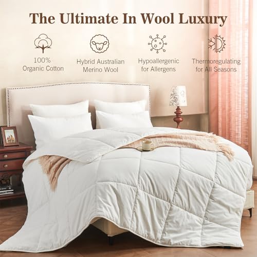 KUSNUG Organic Cotton & Australian Wool Hybrid Comforter King – Year-round, White