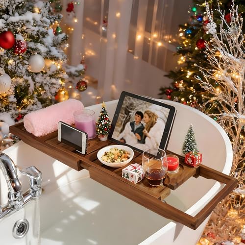 VaeFae Teak Bathtub Tray Expandable Wooden Tub Caddy Non-Folding - Teak Wood