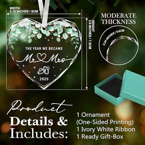 Mr and Mrs Glass Ornament-Wedding Gifts for Couples, Bridal Shower Present for Bride, 1st Married Heart Shape Ornament