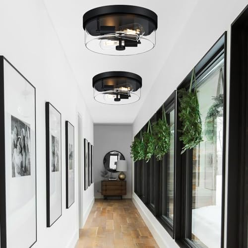 Matte Black 2-Light Farmhouse Flush Mount Ceiling Light with Clear Glass Shade
