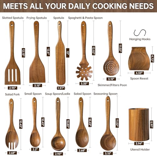 12 PCS Wooden Utensil Set with Storage Stand - Acacia Kitchen Tools for Cooking