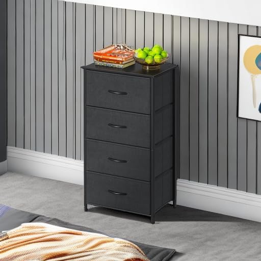 AODK Dresser - 4 Drawer Fabric Chest with Sturdy Steel Frame - Stylish Black Bedroom Storage