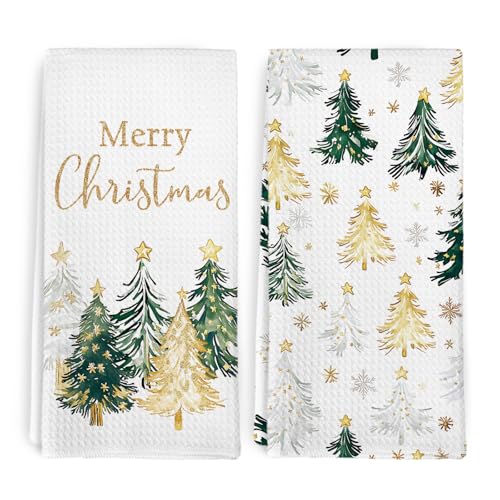 Gold and Green Christmas Tree Kitchen Towels Set of 2 - 16x24 in, DVHDAJED