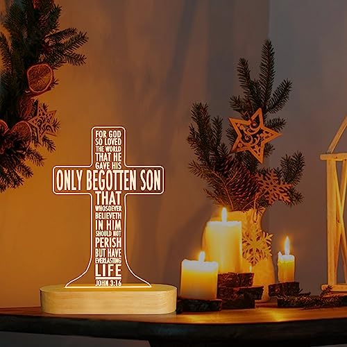 Lampeez Baptism Gift for Kids, Cross Night Light Wooden Novelty Lamp Illusion Decoration USB Power Bedroom Decor Xmas Holiday Christening Dedication Gift for Boy Girl