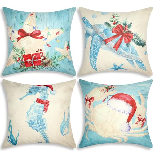 4 Pcs Christmas Sealife Coastal Pillow Covers Coastal Christmas Decoration Linen Throw Pillow Covers Sea Ocean Nautical Decorative Pillowcase for Couch Outdoor Sofa Living Room (20 Inch)