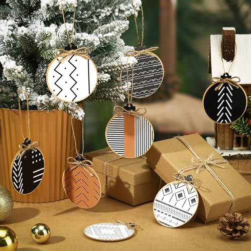 Gerrii 24 Pack Christmas Boho Ornaments Wooden Christmas Round Ornaments with Bow Xmas Hanging Sign Farmhouse Holiday Supplies Gifts for Xmas Tree Decoration(Aztec)
