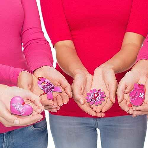 12 Pcs Christmas Hanging Ornaments for Tree Pink Ribbon Breast Cancer Awareness Sign Double Sided Wooden Pendants Christmas Ornaments for Xmas Tree Party Decor