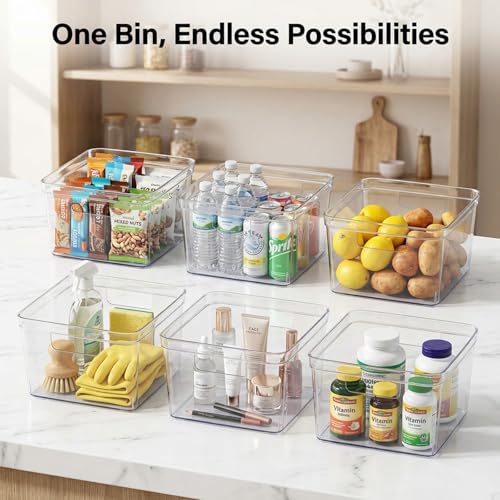 MOONEDGE 4-Pack 10x10x6 Clear Plastic Storage Bins with Handles - Food-Grade, Open Top Organizer