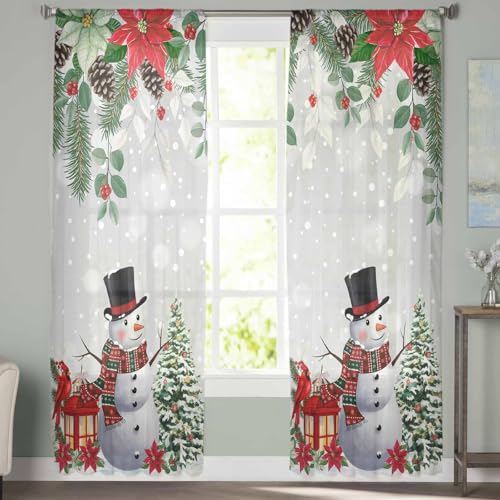 Christmas Snowman Grey 2-Piece Voile Curtains 104 x 96 in - Rod Pocket Semi-Sheer