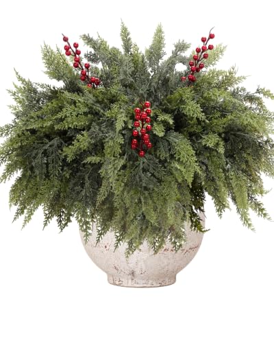 LAOWUJA 12 Pcs Artificial Cedar Branches 17.5" with 3 Red Berry Picks - Holiday Faux Greenery for Christmas Decor
